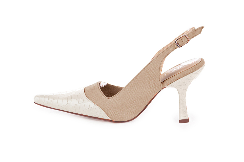 French elegance and refinement for these off white and tan beige dress slingback shoes, 
                available in many subtle leather and colour combinations. For fans of a quirky "Rock" style pointed toe.
To be personalized or not with your materials and colors.  
                Matching clutches for parties, ceremonies and weddings.   
                You can customize these shoes to perfectly match your tastes or needs, and have a unique model.  
                Choice of leathers, colours, knots and heels. 
                Wide range of materials and shades carefully chosen.  
                Rich collection of flat, low, mid and high heels.  
                Small and large shoe sizes - Florence KOOIJMAN